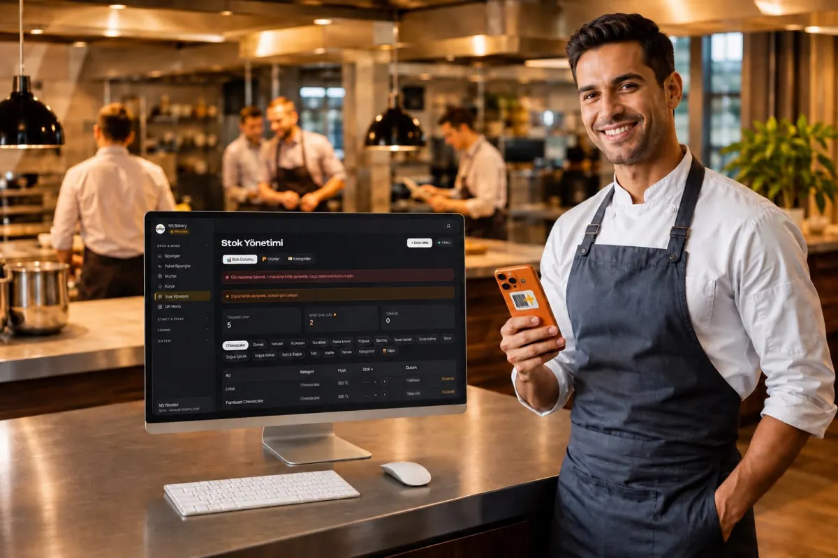Luma Label paneli bir restoran mutfağında: monitörde Stok Yönetimi ekranı, tezgâhta klavye ve fare, şefin elinde etiketli telefon